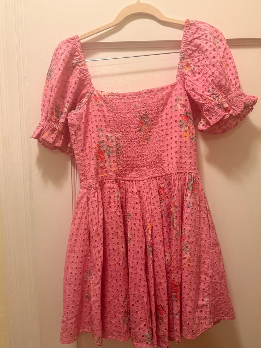 LoveshackFancy Altima Dress in Pink Eyelet Floral Sweetheart Neckline - Picture 4 of 5